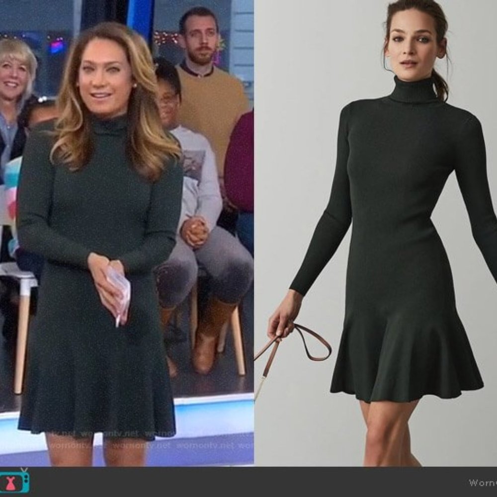 Reiss Dark Green Long Sleeve Turtleneck Fit-and-Flare Dress